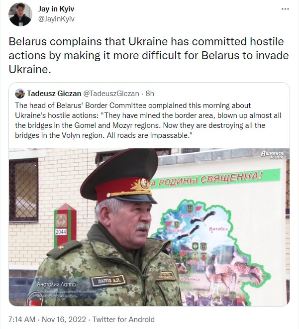 Belarus complains that Ukraine has committed hostile actions by making it more difficult for Belarus to invade Ukraine.