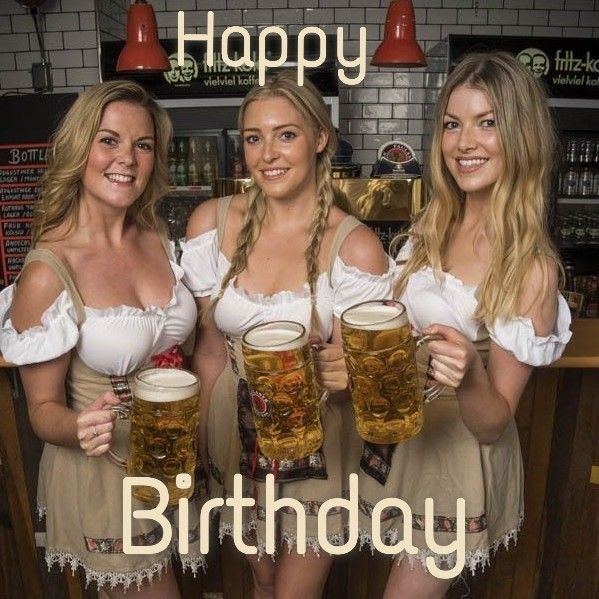 cute women in dirndls with beer, captioned 'Happy Birthday'