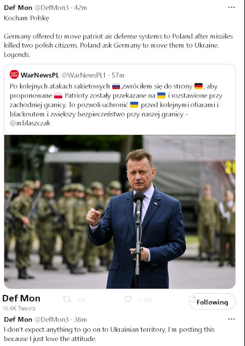 Germany offered to move Patriot air defense systems to Poland after missiles killed two Polish citizens. Poland asked Germany to move them to Ukraine.