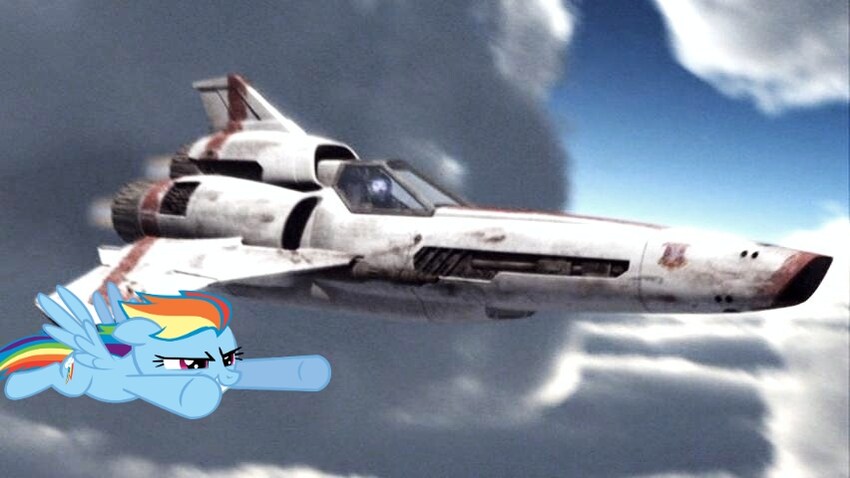 Rainbow Dash flying with a Viper from Battlestar Galactica