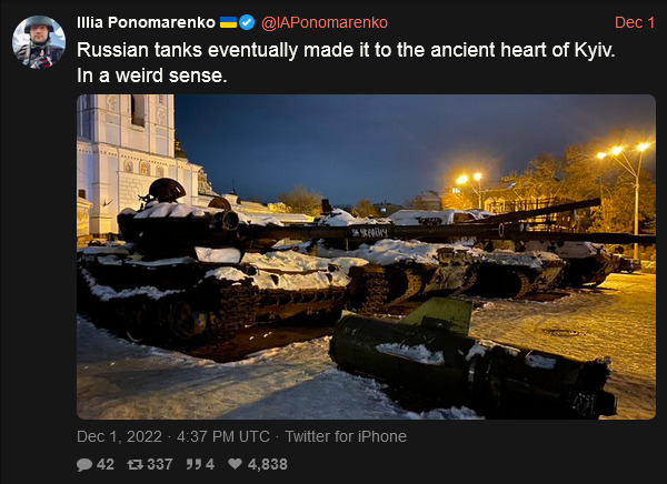 Russian tanks eventually made it to the ancient heart of Kyiv in a weird sense. (Badly damaged tanks taken as trophies.)