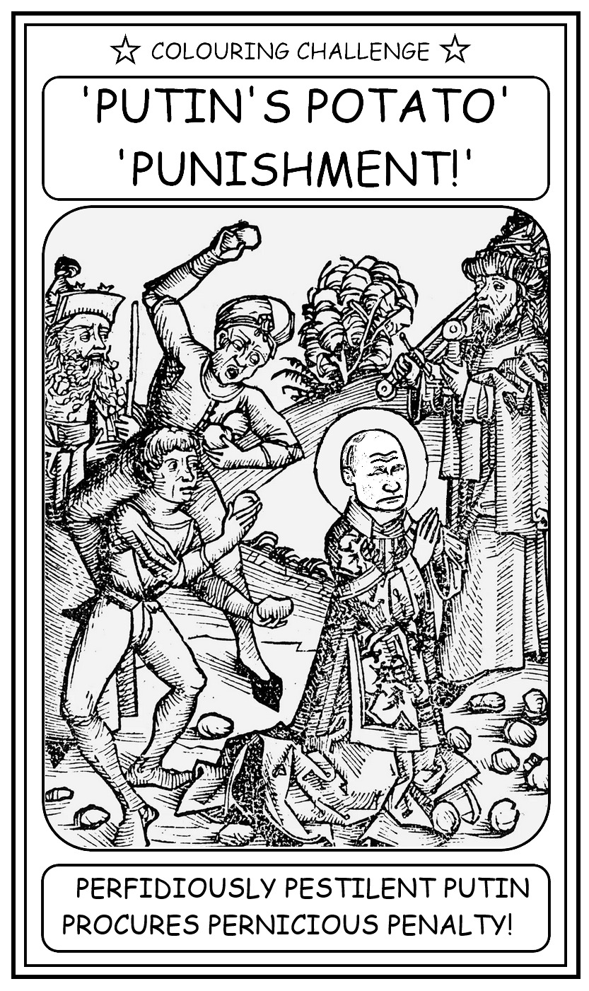 coloring book page showing Putin as St. Stephen getting stoned