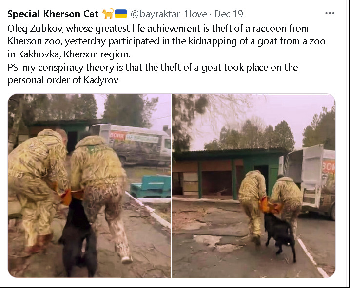 Oleg Zubkov, whose greatest life achievement is theft of a raccoon from Kherson zoo, yesterday participated in the kidnapping of a goat from a zoo in Kakhovka, Kherson region.