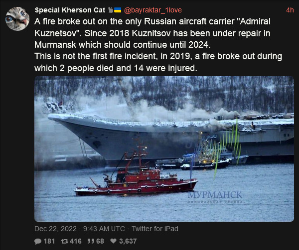 A gire broke out on the Russian aircraft carrier Admiral Kuznetsov, this is not the first fire incident, in 2019, a fire broke out in which 2 people died and 14 were injured.