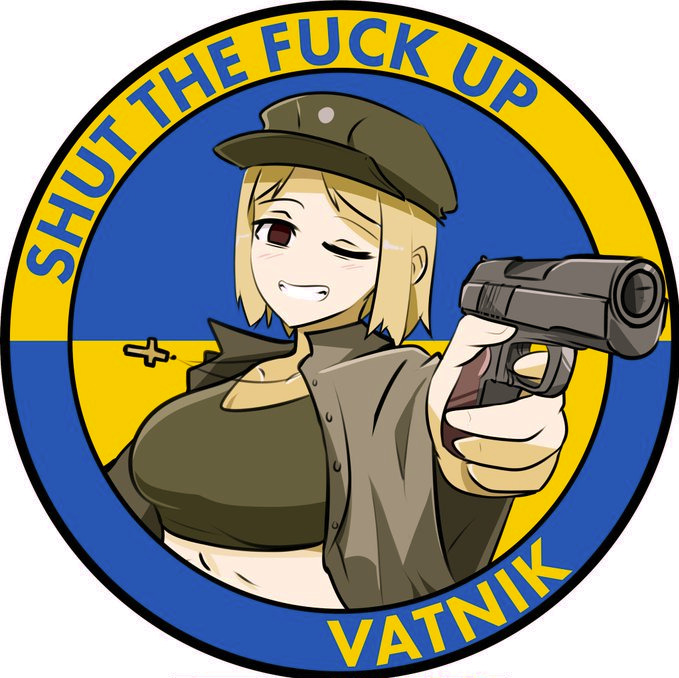 Winking anime girl with pistol saying, 'Shut The Fuck Up, vatnik.'