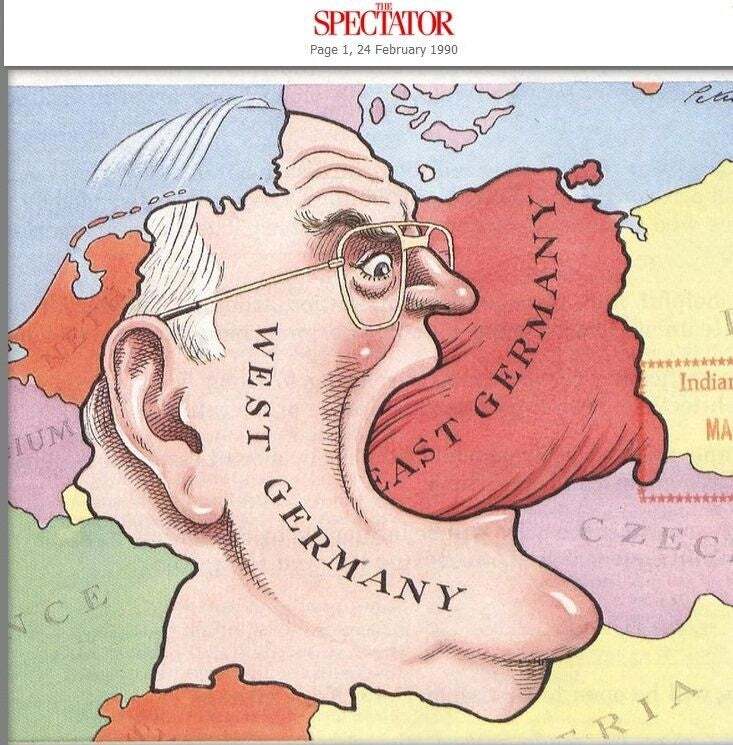 1990 image showing West Germany swallowing East Germany.