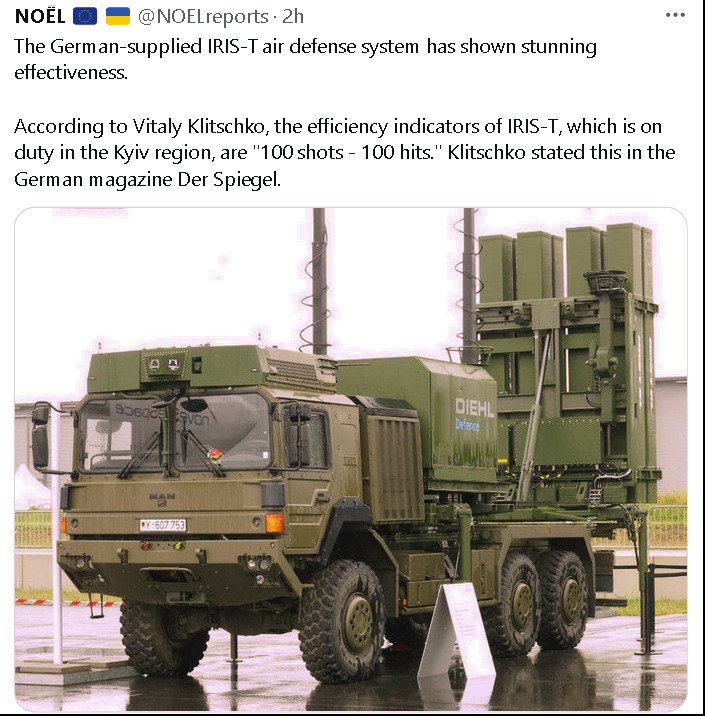 The German-supplied IRIS-T air defense system has shown stunning effectiveness. According to Vitaly Klitschko, the efficiency indicators of IRIS-T, which is on duty in the Kyiv region, are '100 shots - 100 hits.'