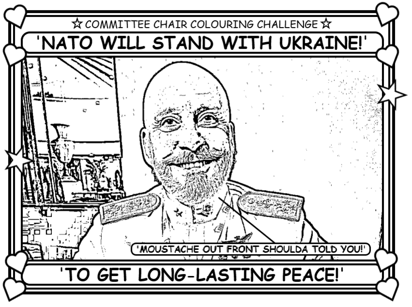 Coloring book page about NATO and Ukrainians wanting peace and prepared to get it.
