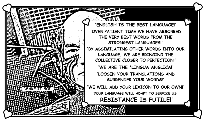 Coloring book page about English being like the Borg.
