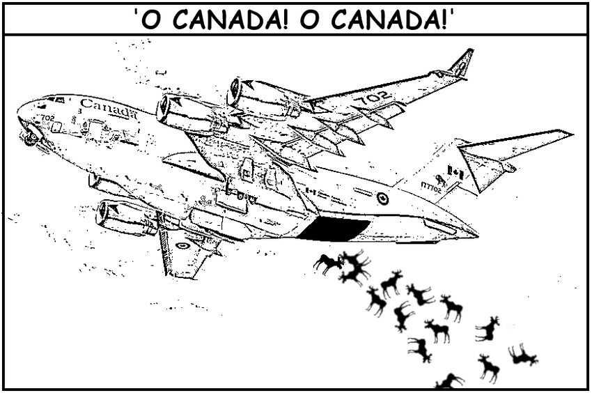 Coloring book page showing Canada's strategic air bombers (they're dropping moose.)