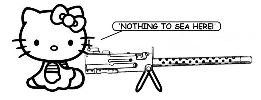 Coloring book page about a cat with a machine gun. (A catamaran with an anti-drone machine gun featured yesterday.)