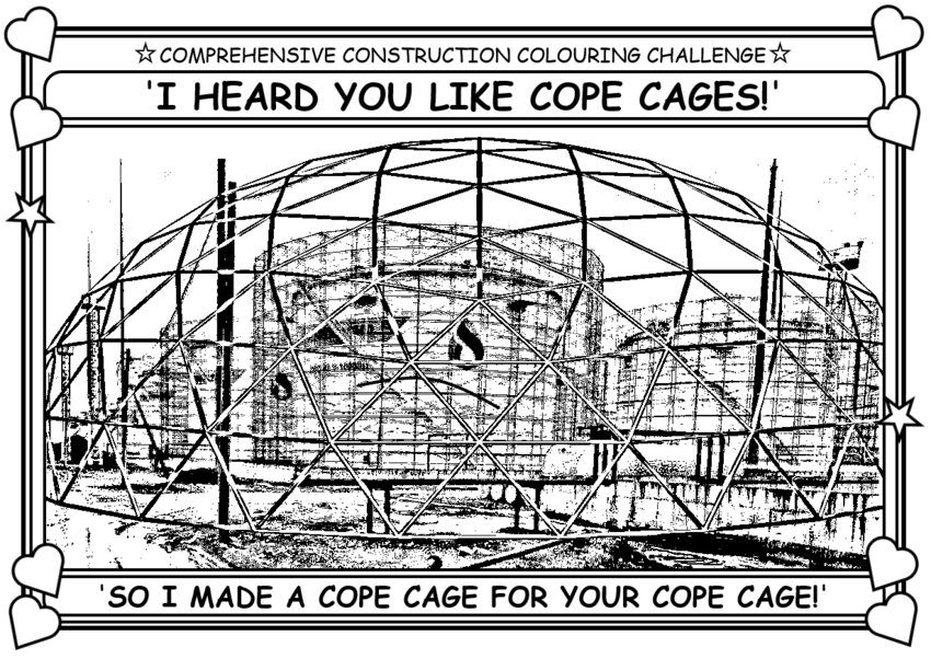 Coloring book page about Russians building giant cope cages around industrial facilities.