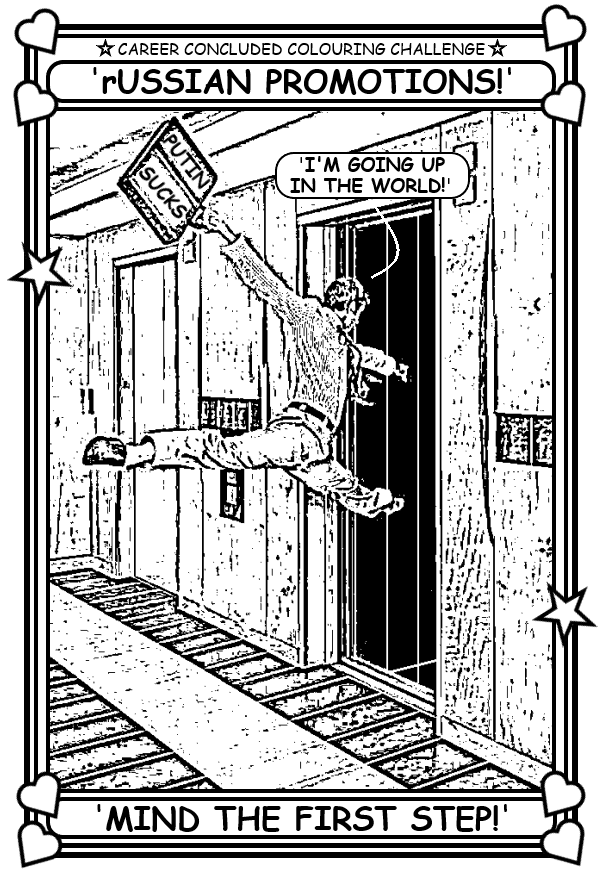 Coloring book page about Russian promotions (guy jumping into an open elevator shaft.)