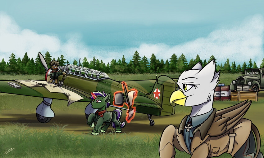 A pony and a griffin are maintaining and flying WWII fighters.