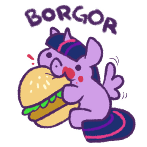 A cartoon pony devours a borgor (reference to gorgor, a former Farker.)
