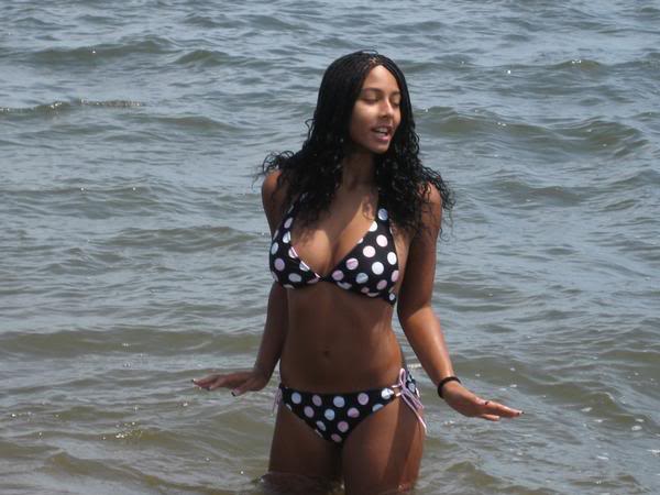 woman in polka-dot bikini